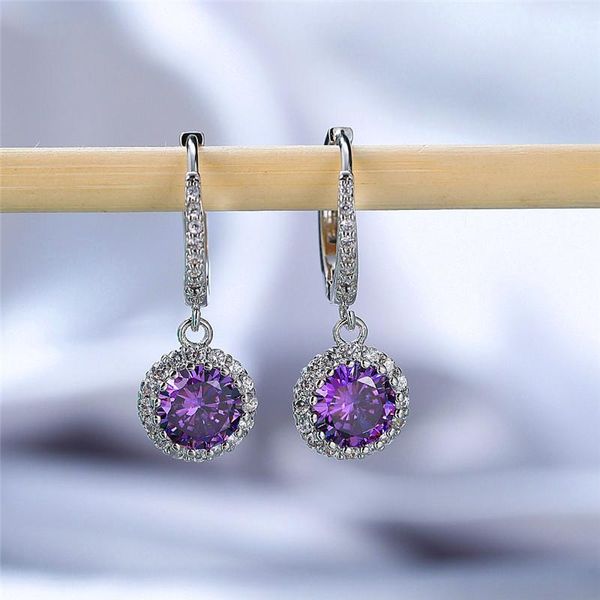 

hoop & huggie female purple zircon earrings charm round crystal stone vintage rose gold silver color wedding for women, Golden;silver