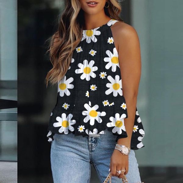 

women's tanks & camis sunflowers women sleeveless o-neck vest ruffles floral boho camisole ladies summer casual party clubwear, White