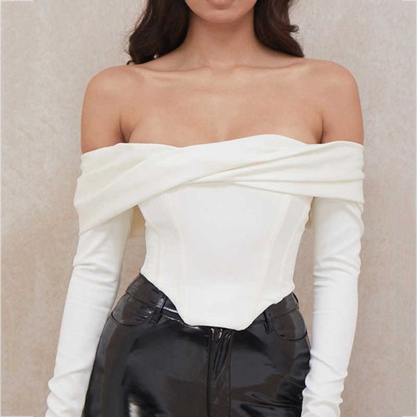 Satin Off Shoulder Drapiertes Korsett Crop Top Langarm Wein Sexy Hemd Party Club Wear Slim Bustier Tops mit Brustpolster und Knochen 210709