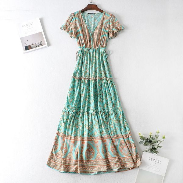

casual dresses boho covered button v neck floral print bohemia summer ethnic woman short sleeve tie bow strappy maxi long es, Black;gray