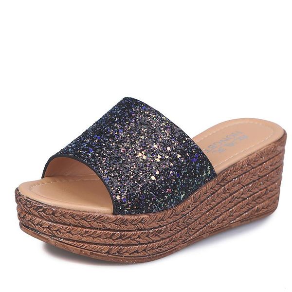 

slippers sequin cloth platform wedge slides women summer shoes 2021 peep toe bling flip flops beach for ladies, Black