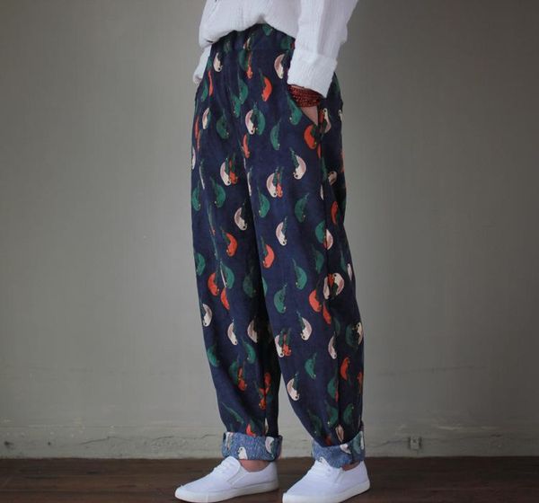 

women's pants & capris women retro bird print elastic waist loose corduroy ladies casual vintage trousers birds printed, Black;white
