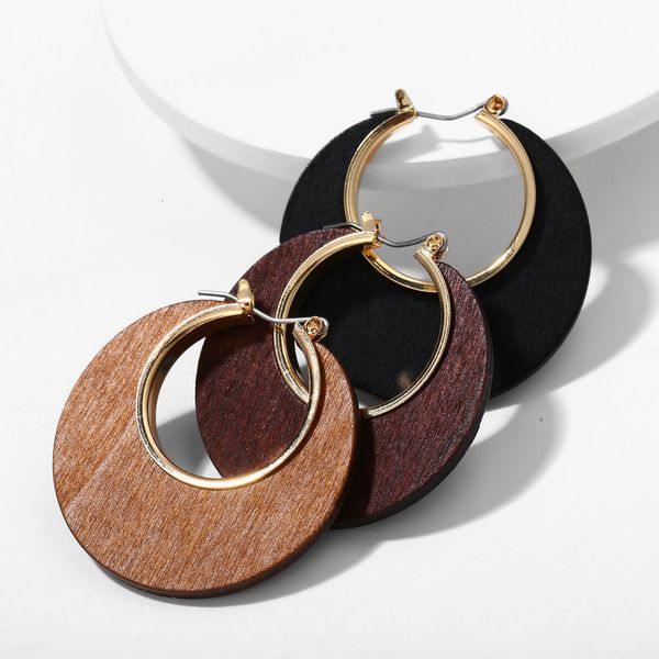 

charms earrings round wooden , simple and classic solid color log c, Golden
