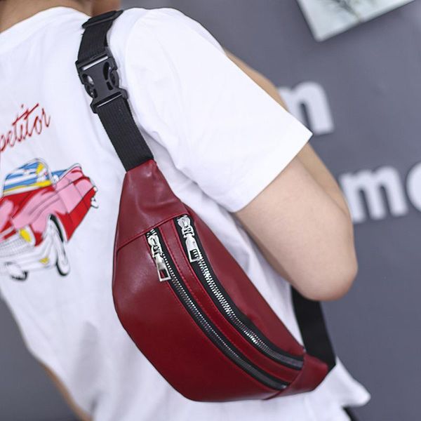 

waist bags simple solid color chest bag female double-zipper crossbody pu leather fanny pack daily travel sport fashion purse