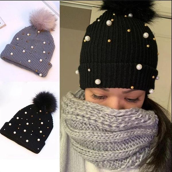 

beanies autumn winter nitted wool hat with pearls beads caps for women 56-60cm spring outdoor warm cap bonnet