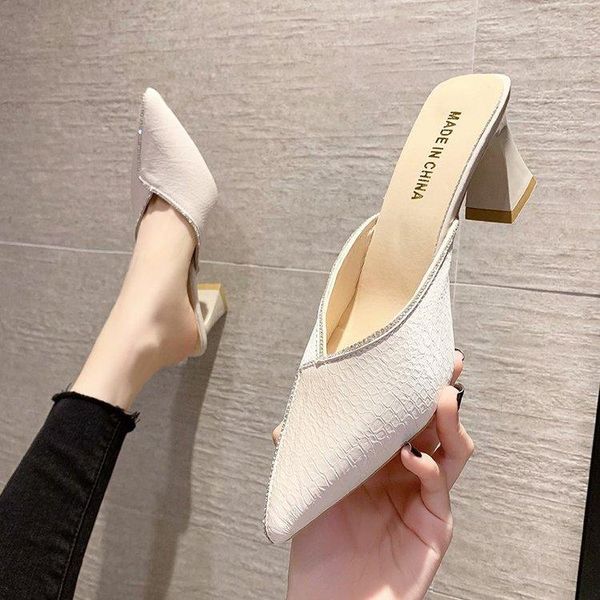 

slippers shoes woman 2021 casual cover toe square heel med pantofle heeled mules luxury summer block pointed high fabric sli, Black