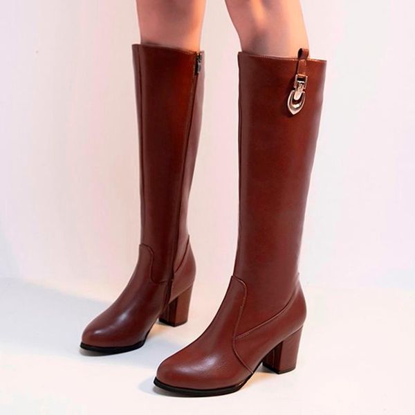 

boots winter women leather thick heel pointed fashion autumn knee shoes #40, Black