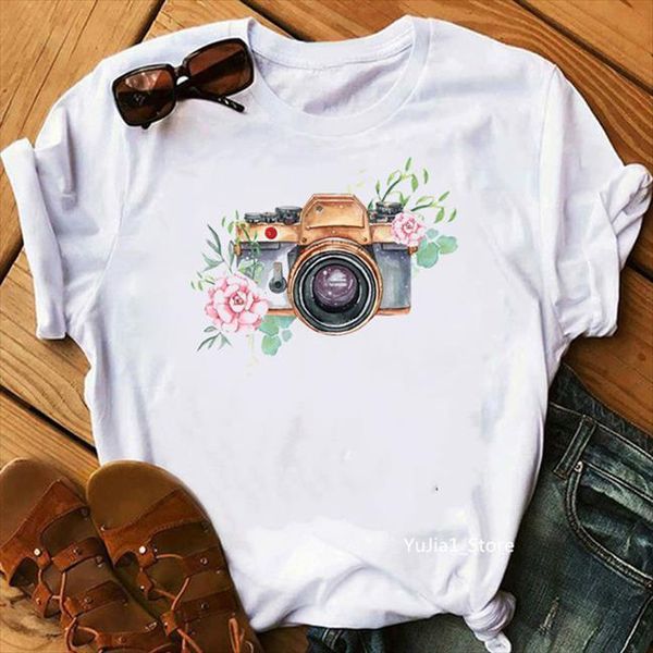 

vintage watercolor flowers camera mens print and womens white women harajuku kawaii female camisetas mujer tee custom, White;black