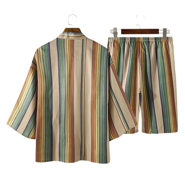

men's sleepwear man retro japanese kimono homewear suits men vintage striped pajama sets 3/4 sleeve lace up drawstring shorts 2 pieces, Black;brown