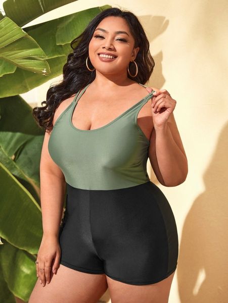 

plus color block one piece swimsuit 414g#, Black