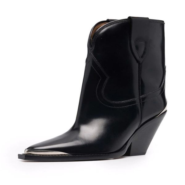 

2022 autumn and winter new high-heeled casual ladies knight boots classic metal pointed toe fashion catwalk party short boots, Black