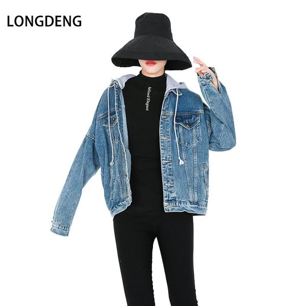 

women's jackets [longdeng] 2021 hip hop women winter jean jacket hooded turn-down collar denim coat female streetwear outerwear plus si, Black;brown