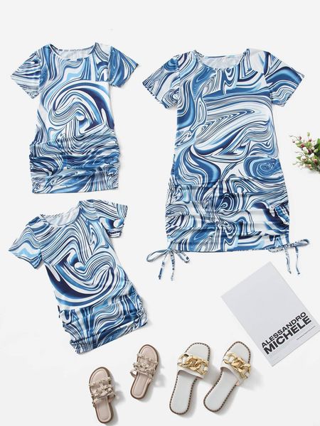 

toddler girls 1pc marble print ruched tee dress she, Red;yellow