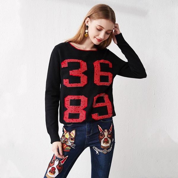 

women's sweaters fashion 2021 autumn winter women knitting sweater pullover long sleeve white crystal diamonds beading letter loose, White;black