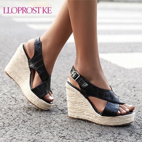 

lloprost ke 2021 cross pu leather buckle sandals fashion wedge heel women shoes open-toed summer platform ladies pumps big size, Black