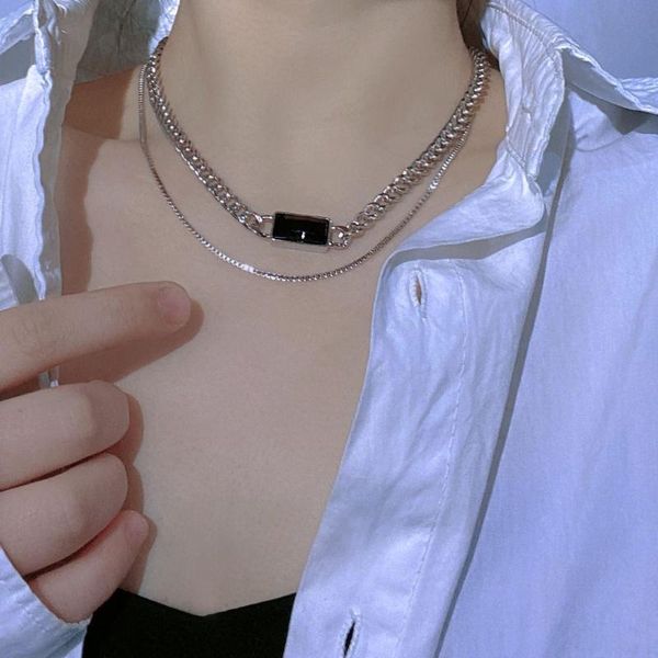 

chains european and american style simple double layer clavicle chain short necklaces female retro geometric black gem hip hop, Silver