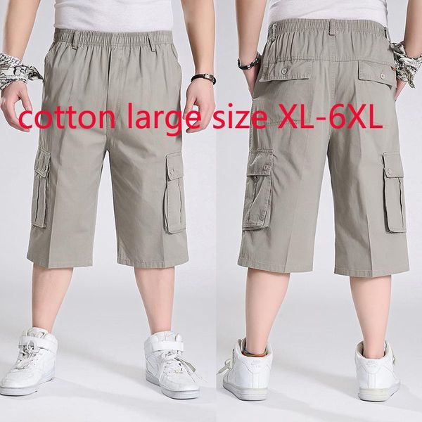 

fashion summer men shorts multi pocket casual oversized pure cotton thin elastic waist knee length plus size xl-3xl4xl5xl6xl men's, White;black