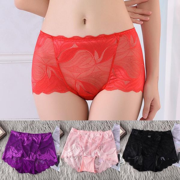 

women's panties 2021 summer underwear female transparent ladies lace mid-waist hollow breathable comfortable hip briefs, Black;pink