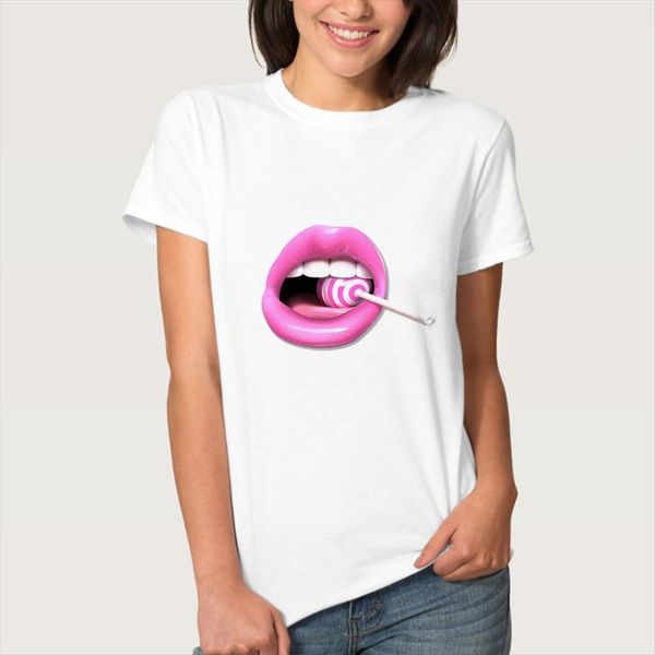 

lollipop in lip print women t shirt short sleeve o neck loose ladies summer fashion tee clothes, White