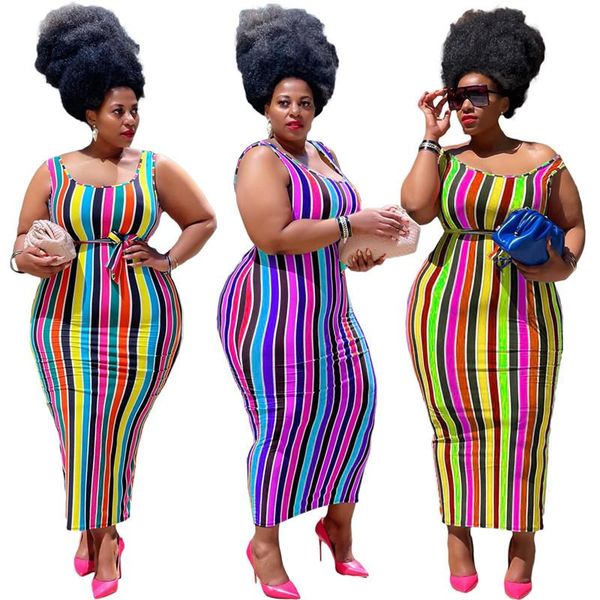 

casual dresses plus size women clothing summer 2021 wholesale rainbow striped vest elegant bodycon stretch maxi drop, Black;gray