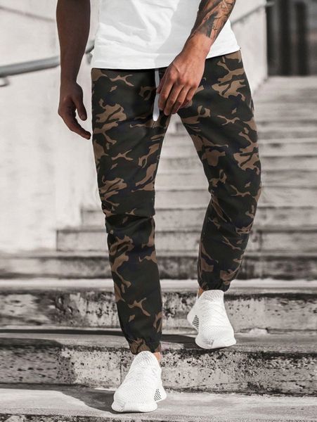

men camo print drawstring waist pants d27v#, Black