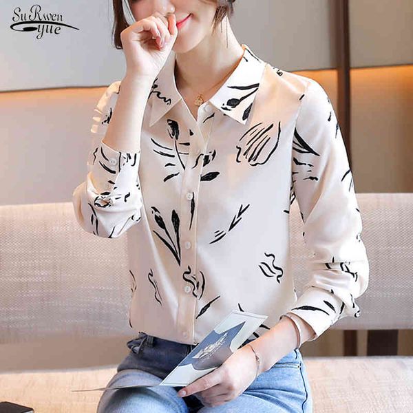 

autumn printed long-sleeve shirt women office lady plus size chiffon blouses button cardigan female 10931 210508, White