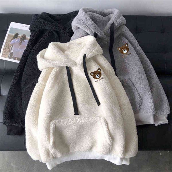 

houzhou pullover men clothing plush blouse winter wool coat korean streetwear hip hop harajuku thick hoodie sweatshirts couple w220221, Black