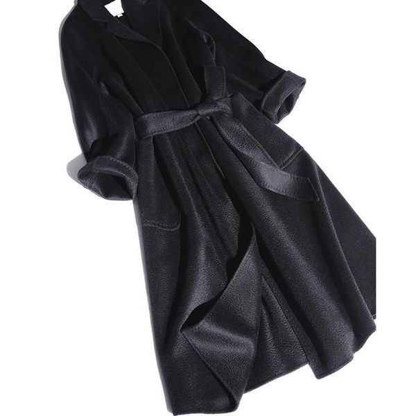 

women's wool & blends 2021 winter coat double water ripple cashmere female high-end long bathrobe, Black