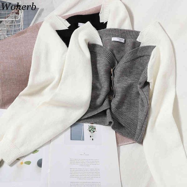 

knit cropped cardigan fall women clothes crop single breasted contrast color sweater square collar sueter coat 210422, White;black