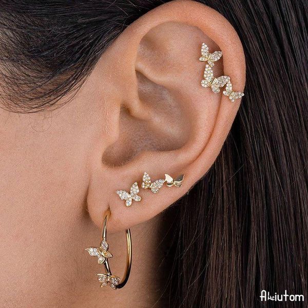 

stud crystal butterfly undefined earring set 2021 trend mixed circle earrings for women small piercing boho jewelry, Golden;silver