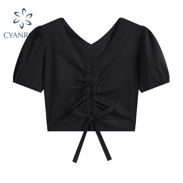 

gothic v neckshort sleeve black crop t shirt women streetwear bandage op summer chic casual slim female 210430, White