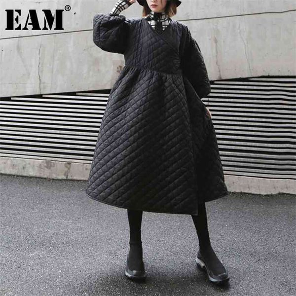 

[eam] bandage warm irregular cotton-padded coat long sleeve loose fit women parkas fashion autumn winter 1dd0731 210923, Black