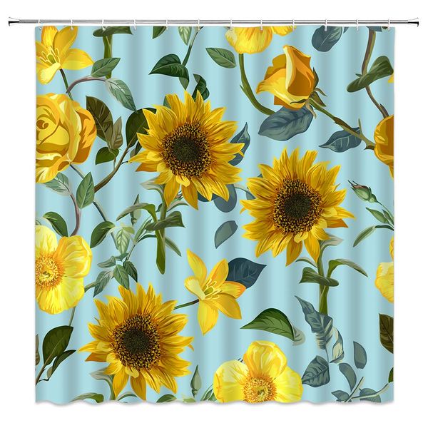 

spring yellow flower shower curtains sunflower floral plant green leaf pattern blue backdrop bathroom decor polyester home bath