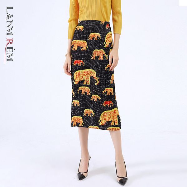 

women skirt spring summer elastic high waist pleated printed animal s female long streetwear 2d1432 210507, Black