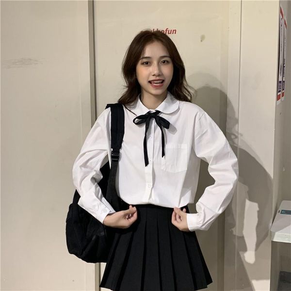 

women's blouses & shirts 2021 women autumn winter vintage lady solid lace up pocket single breasted long sleeve shirt female casual swe, White