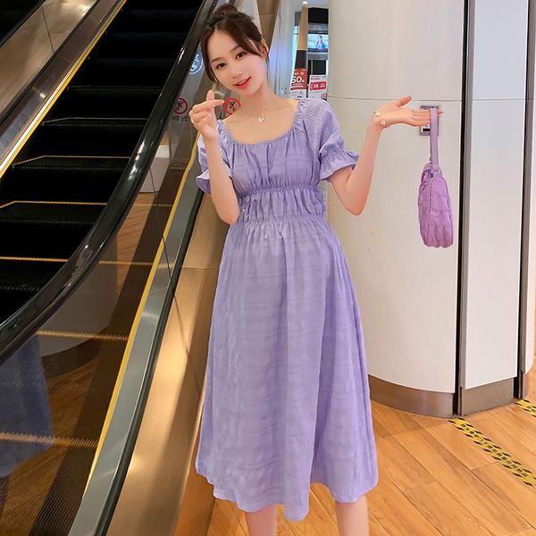 

1883# 2021 summer korean fashion maternity dress slim high waist a line clothes for pregnant women elegant cute pregnancy dresses, White