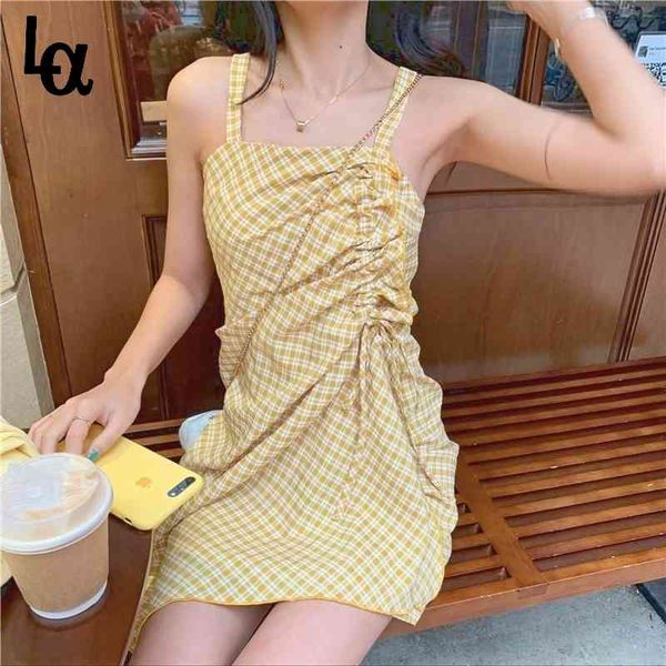 

korean kawaii strap dress women sweet cute designer chiffon plaid slim party mini beach summer 210519, Black;gray