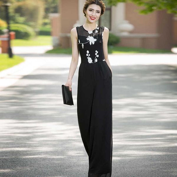 Frauen Elegant Lang Party Jumpsuits Chiffon Floral Stickerei Schwarz Wide Bein Ganzkörperansicht Sommer Strampler Plus Größe 3XL 4XL 210625