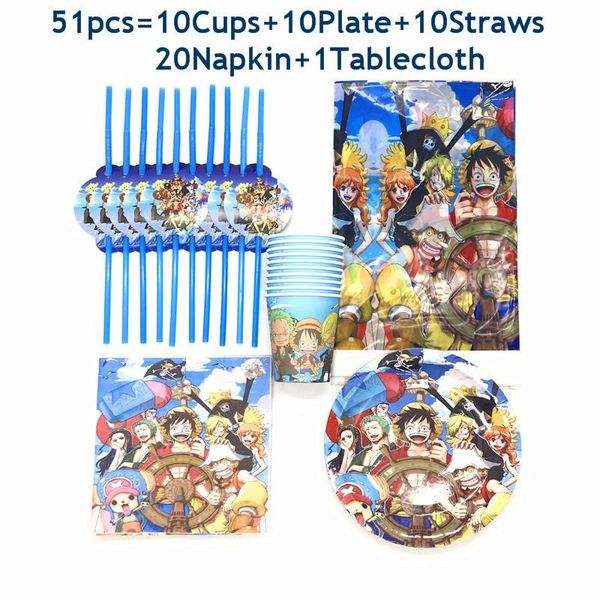 

disposable dinnerware 51/81pcs anime monkey d. luffy tableware boy birthday cup plate straws napkin tablecloth party decoration supplies