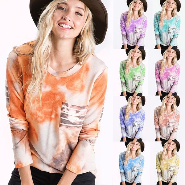 

aw2021 new crew neck patchwork stripe tie dye pocket casual loose t-shirt, White