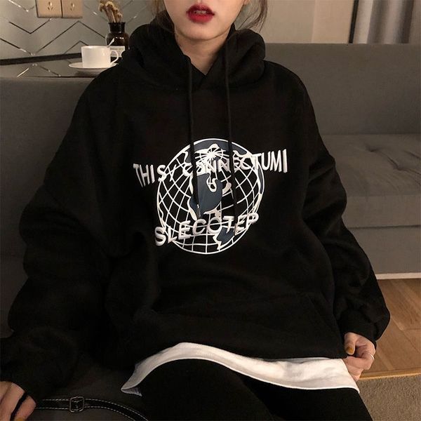

women's hoodies & sweatshirts 3d printed autumn winter korean style loose fleece clothes for teens vintage streetwear axb5, Black