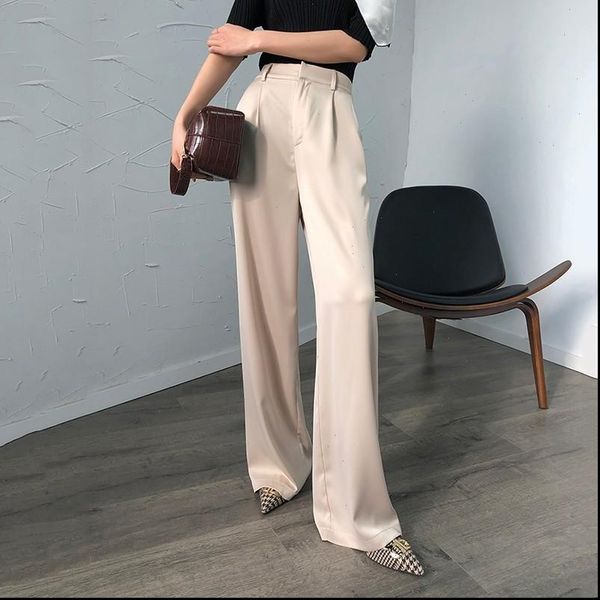 

maxi high waist zipper pocket women pants summer vintage street wear long trouser glossy satin elegant pant, Black;white