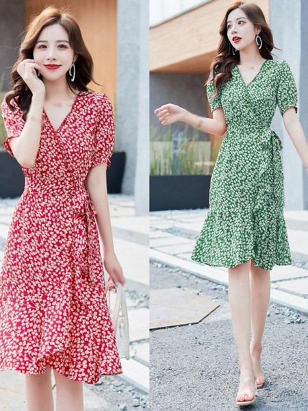 

casual dresses summer style korean fashion ladies temperament comfortable high waist chiffon v-neck floral dress, Black;gray
