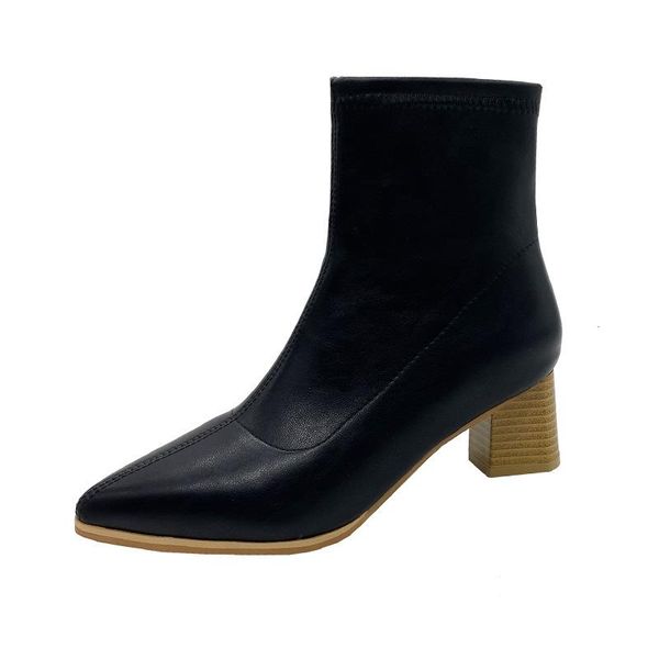 

boots women autumn winter pointed toe ladies high-heeled ankle thick heel thin fashion shoes, Black