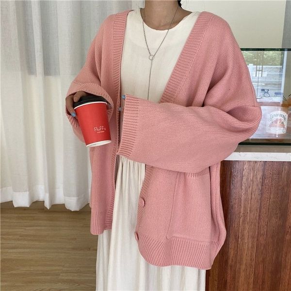 

cardigan women spring vintage lovely fashion korean simple v-neck ladies knitwear oversized all-match ins fall femme sweaters, White;black
