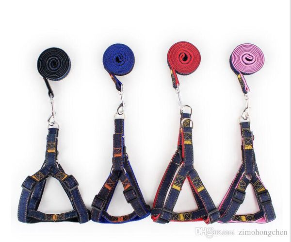 

adjustable bilayer denim jeans puppy dog vest harnesses lead 3 pieces set cowboy traction rope strong leash collar collars & leashes