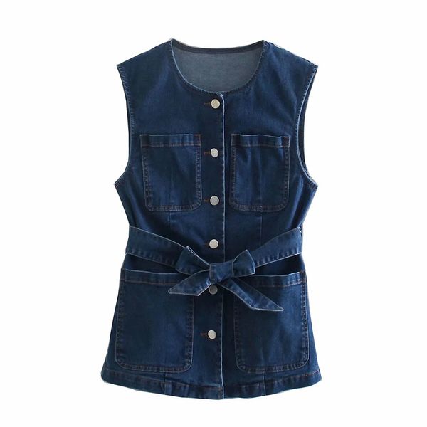 BBWM Gilet di jeans blu da donna Capispalla manica sottile con cintura Gilet da donna Jean Vest 210520