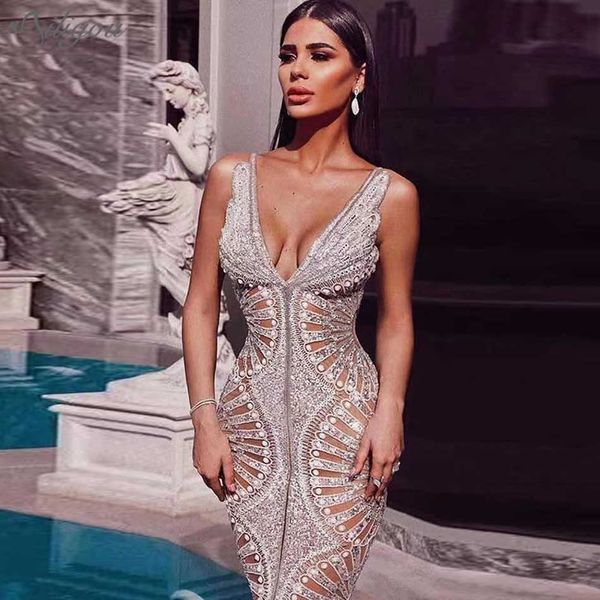 

fashion chic silver sequin ruffle design v-neck backless celebrity party club maxi long dress 210527, Black;gray