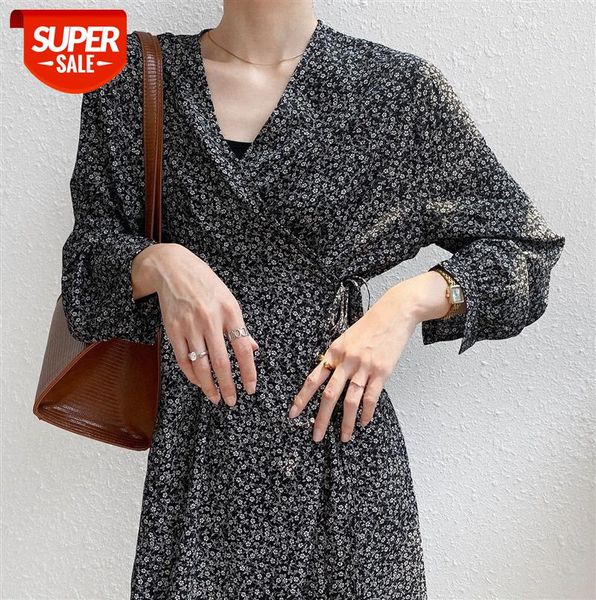

zhi chenxi small floral dress, long retro v-neck french base 595 #ro92, Black;gray