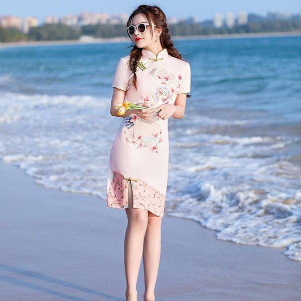 

summer short sleeve mini cheongsam female ice silk flower printed qipao elegant traditional clothing size s-2xl ethnic, Red
